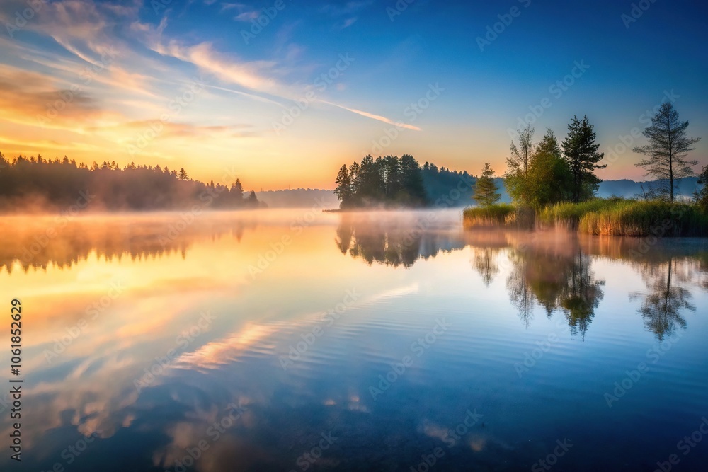 A serene lake at dawn with misty fog slowly rising from the water surface, creating a peaceful atmosphere, gentle ripples, mist, serene water, stillness, sunrise A serene lake at dawn with misty fog slowly rising from the water surface, creating a peaceful atmosphere, gentle ripples, mist, serene water, stillness, sunrise
