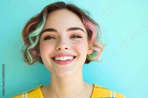 A young woman with pink and green hair smiling at the camera. photo