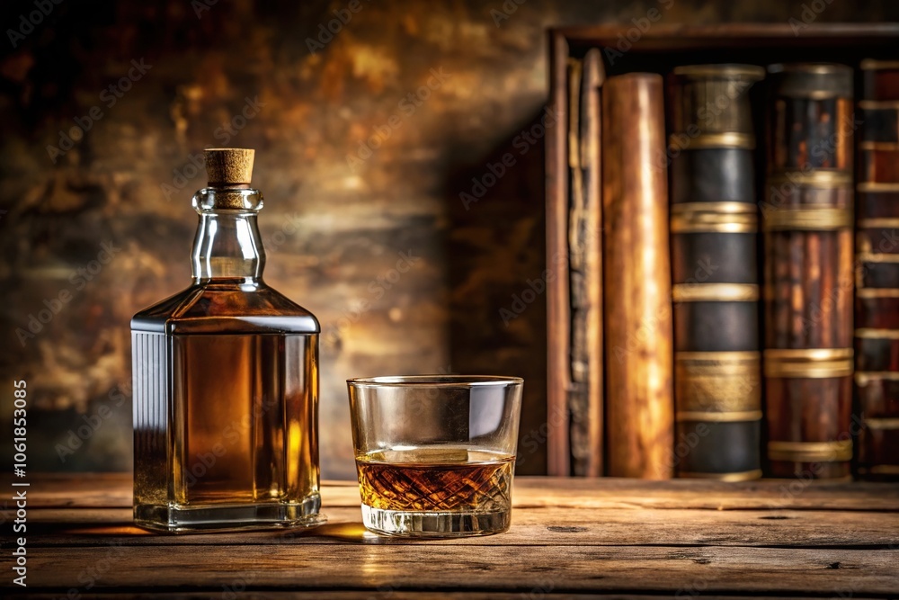 A single bottle of whiskey on a wooden table with a rich, dark background, surrounded by old books and leather-bound papers, old books, trees A single bottle of whiskey on a wooden table with a rich, dark background, surrounded by old books and leather-bound papers, old books, trees
