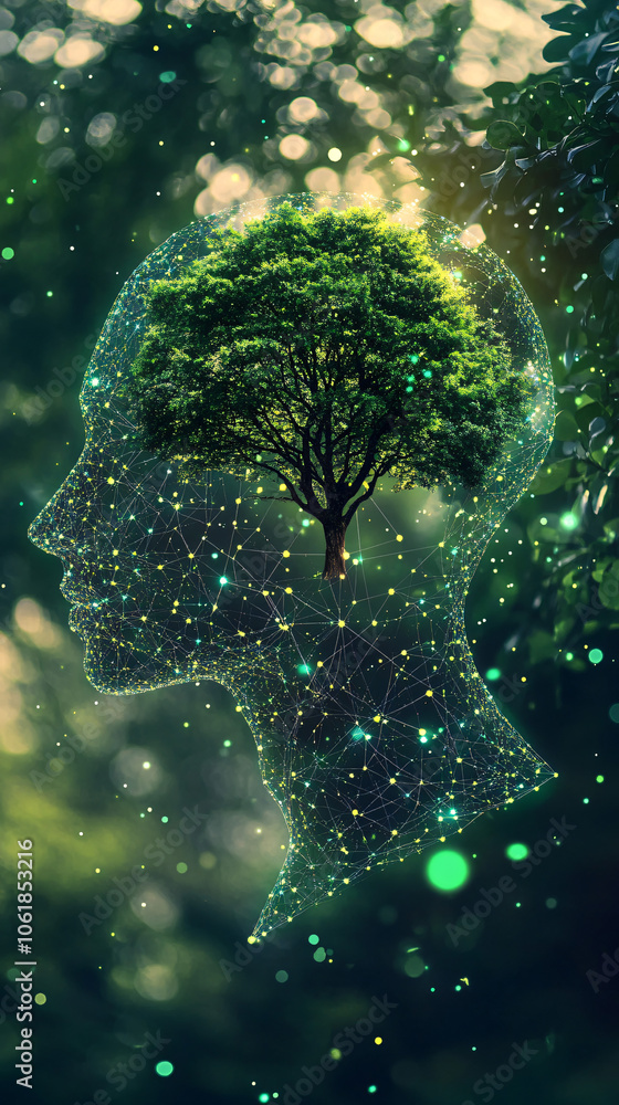 Fototapeta premium Human head silhouette with a tree growing inside and network connection points representing the concept of ecology and green technology