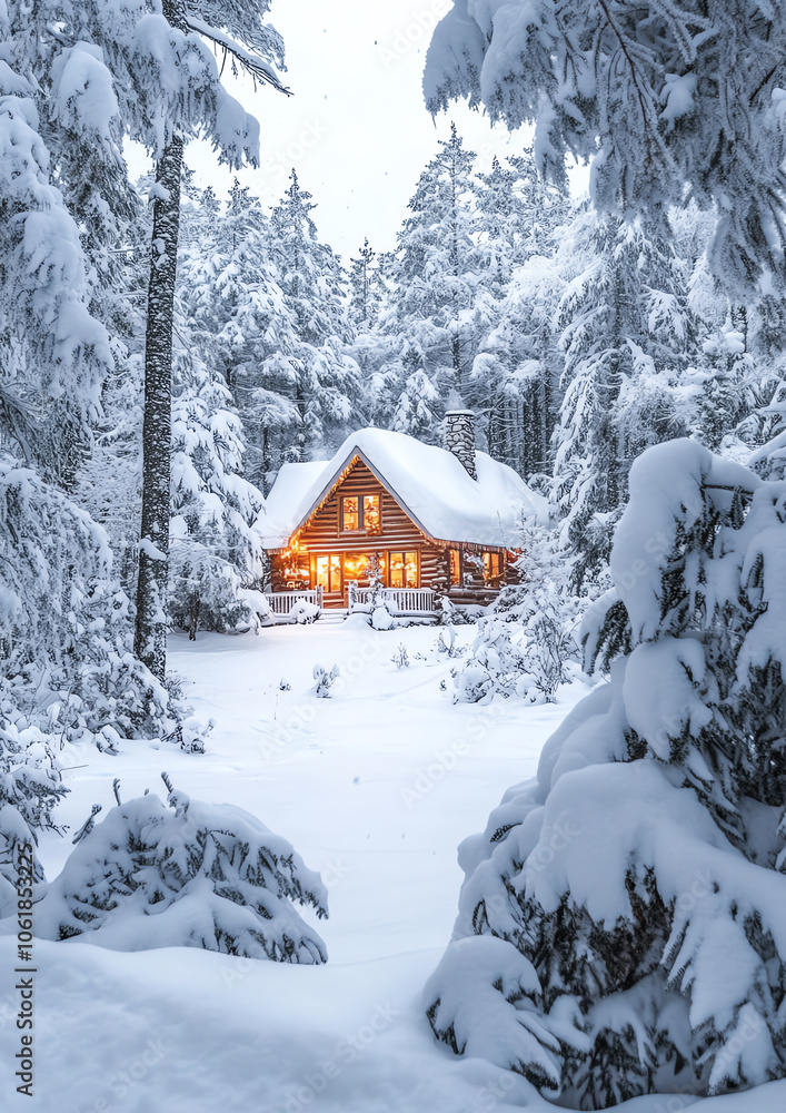 Cozy cabin surrounded by snowy trees, creating a serene winter wonderland atmosphere. Cozy cabin surrounded by snowy trees, creating a serene winter wonderland atmosphere.