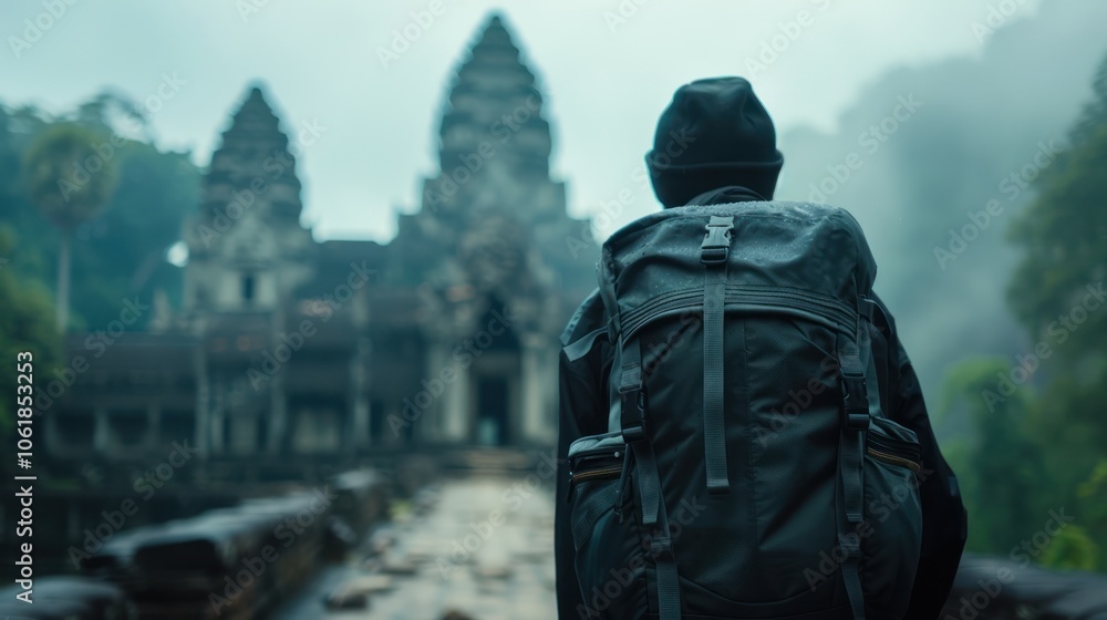 A traveler gazes at a misty ancient temple, embodying adventure and exploration amidst nature's tranquility. A traveler gazes at a misty ancient temple, embodying adventure and exploration amidst nature's tranquility.
