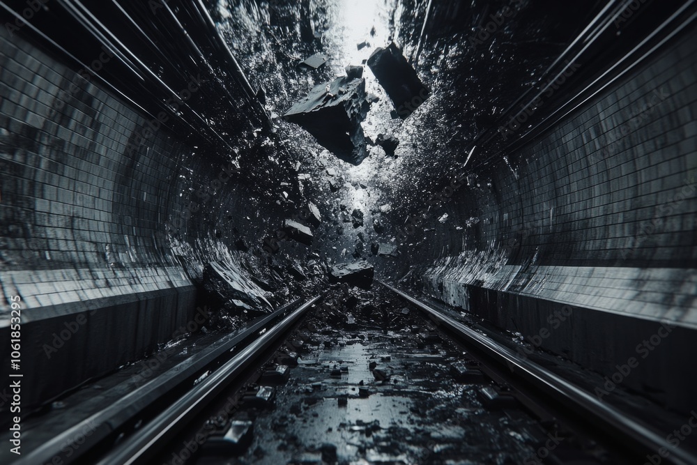 Naklejka premium A dark, surreal tunnel with floating debris creates a mysterious atmosphere. It highlights themes of chaos and decay. Perfect for sci-fi and abstract art. Generative AI