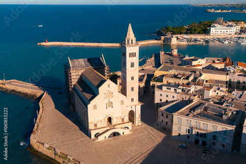 Ancient city on Mediterranean coast with big cathedral in romanesque style, Trani, Puglia, Italy