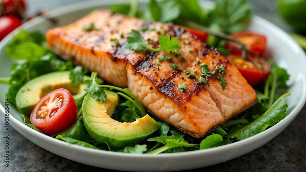Anti-inflammatory meal, grilled salmon with leafy greens, cherry tomatoes, avocado in bright light Anti-inflammatory meal, grilled salmon with leafy greens, cherry tomatoes, avocado in bright light