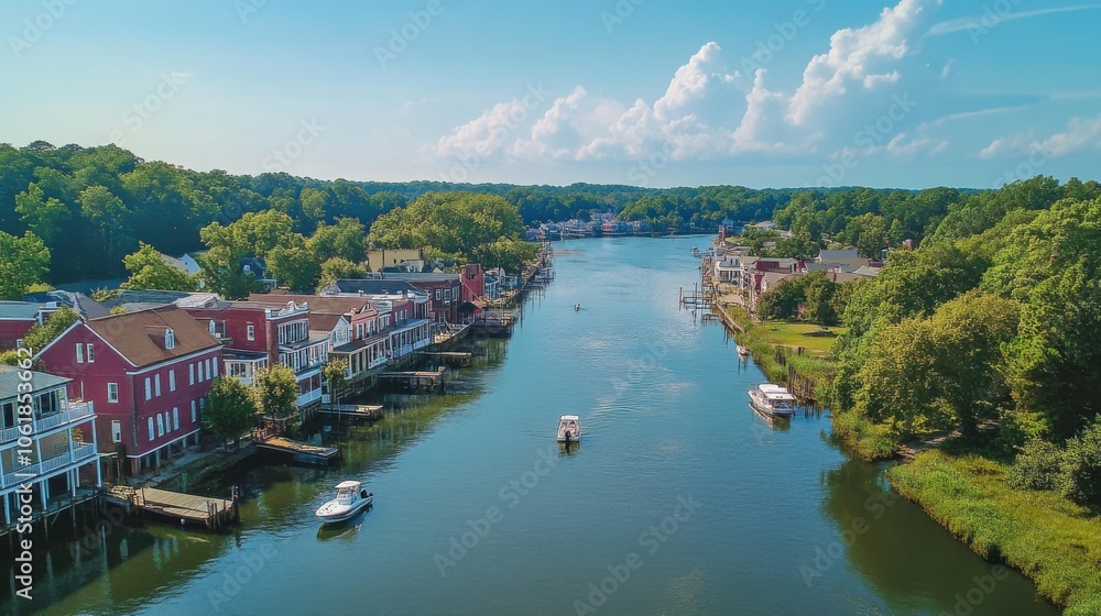 Charming riverside view of a picturesque town with colorful houses under a clear blue sky during a sunny day Charming riverside view of a picturesque town with colorful houses under a clear blue sky during a sunny day