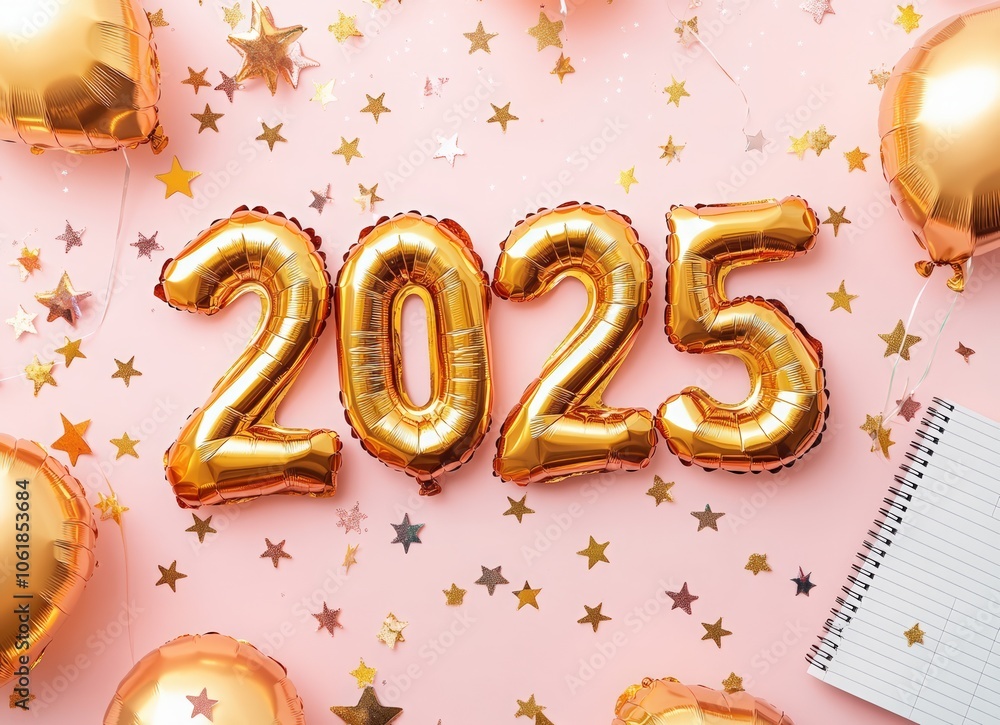 New year background with golden foil balloons in the shape of the number New year background with golden foil balloons in the shape of the number