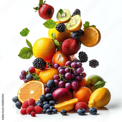 A dynamic group of various fruits in motion, kinetic style, bold colors, isolated on white background