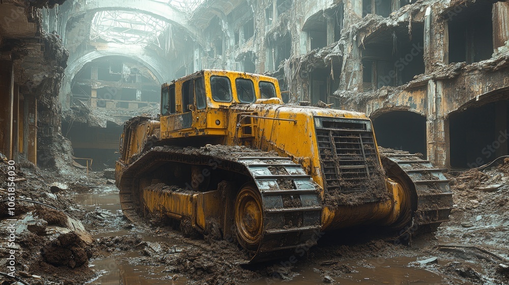 Bulldozer in Demolished Building Bulldozer in Demolished Building