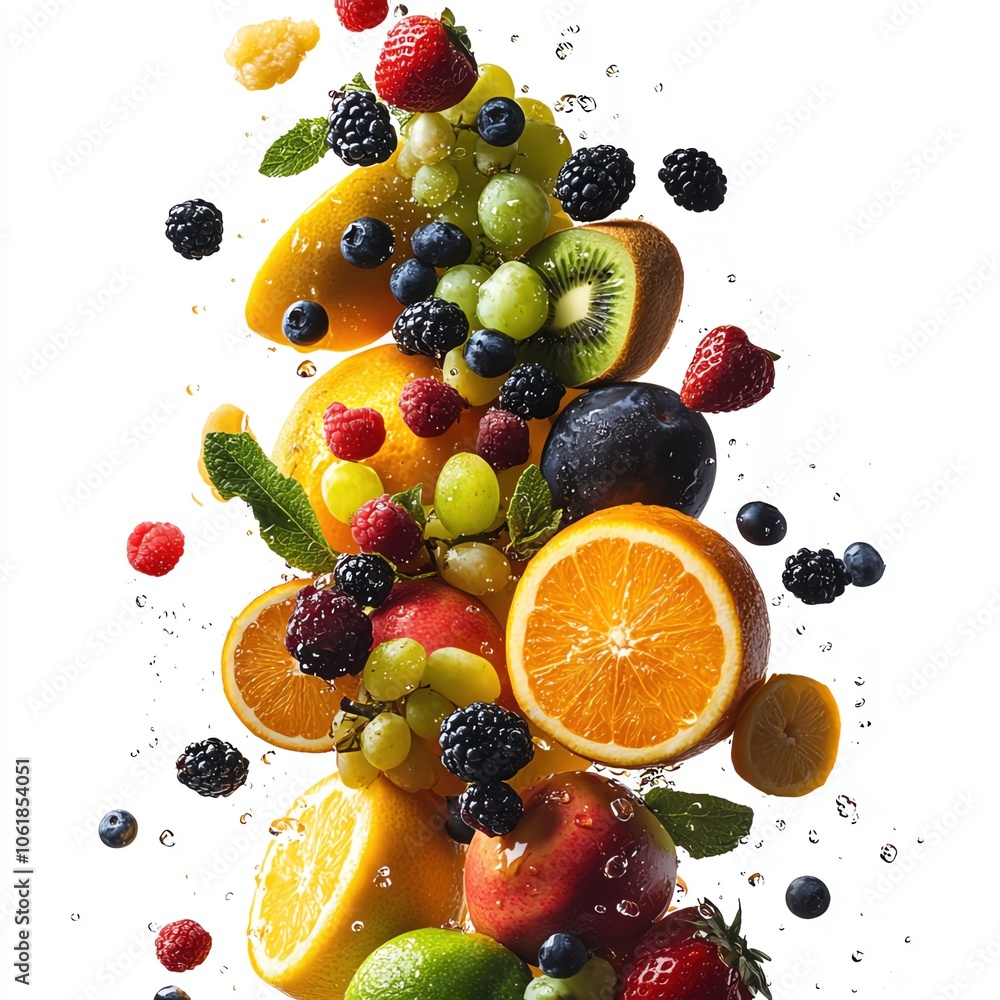 A dynamic group of various fruits in motion, kinetic style, bold colors, isolated on white background A dynamic group of various fruits in motion, kinetic style, bold colors, isolated on white background