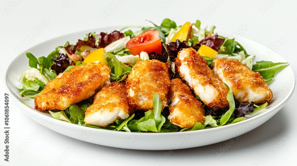 Crispy Fried Fish Salad with Fresh Greens and Vegetables Crispy Fried Fish Salad with Fresh Greens and Vegetables