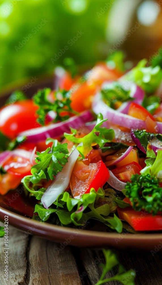 Delicious onion topped salad a colorful, healthy vegetarian meal for diet conscious diners Delicious onion topped salad a colorful, healthy vegetarian meal for diet conscious diners
