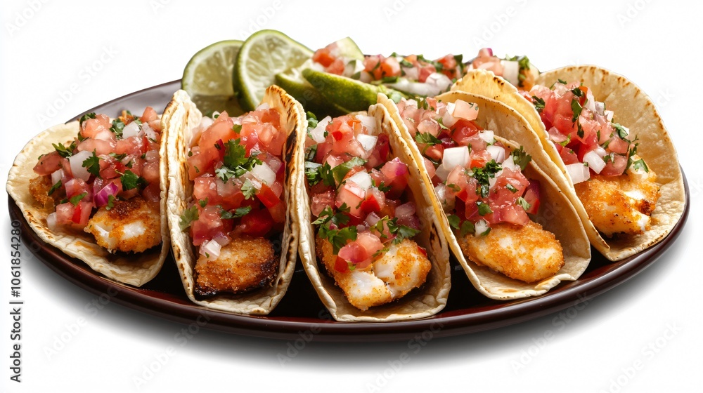 Closeup of Delicious Fish Tacos with Pico de Gallo and Lime Wedges Closeup of Delicious Fish Tacos with Pico de Gallo and Lime Wedges