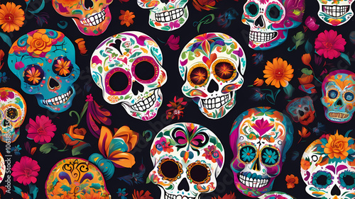 Artistic illustration. Poster in the style of a Mexican holiday - The Day of the Dead (dia de muertos) on the background
