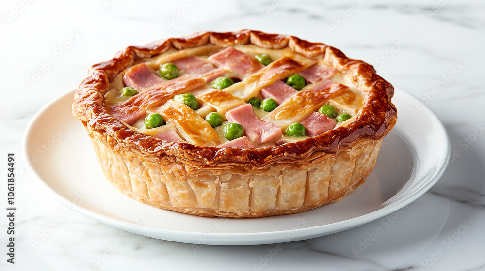 Savory Deep-Dish Ham Pie with Creamy Filling on White Plate Savory Deep-Dish Ham Pie with Creamy Filling on White Plate
