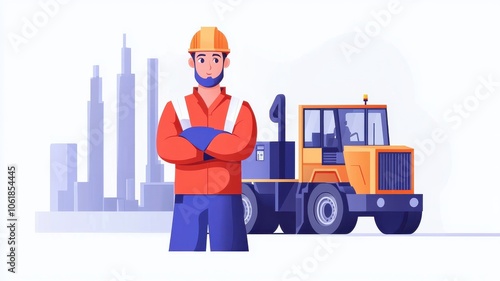 A confident construction worker stands in front of a construction vehicle, with a city skyline in the background, symbolizing industry and progress.