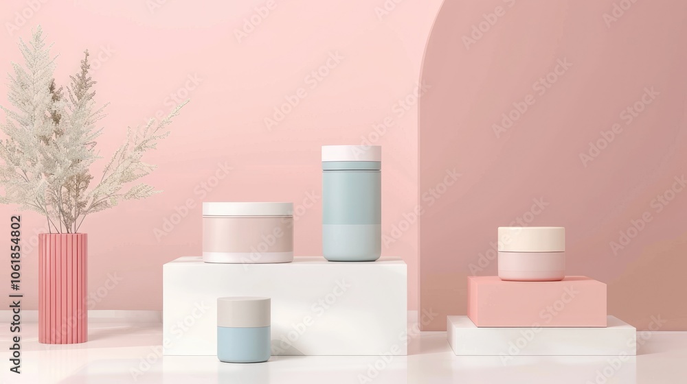 Product mockups displayed on white platforms against a soft pink backdrop for branding and packaging showcasing. Product mockups displayed on white platforms against a soft pink backdrop for branding and packaging showcasing.