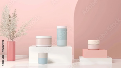 Product mockups displayed on white platforms against a soft pink backdrop for branding and packaging showcasing.