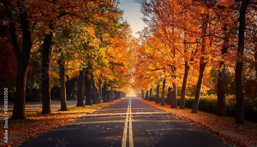 Autumn scenic asphalt road, with maple trees beside.