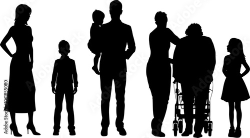 Vektor Silhouette Körper Familie - Generationen - Vater Mutter Kinder Großmutter - Gemeinsam - Vertrauen und Hilfe
