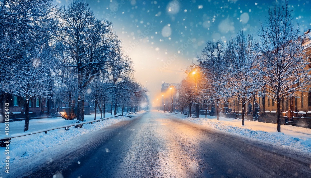 Snowy winter road, christmas landscape, Roadway and route snowy street.