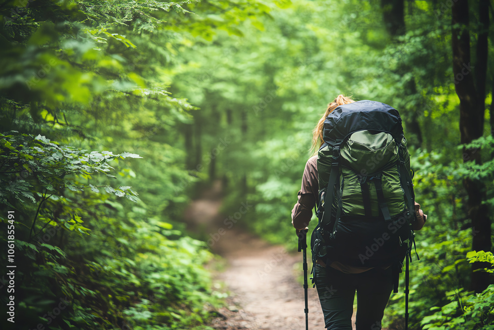 Hiker walking on forest trail, surrounded by lush green trees and vibrant foliage. Hiker walking on forest trail, surrounded by lush green trees and vibrant foliage.