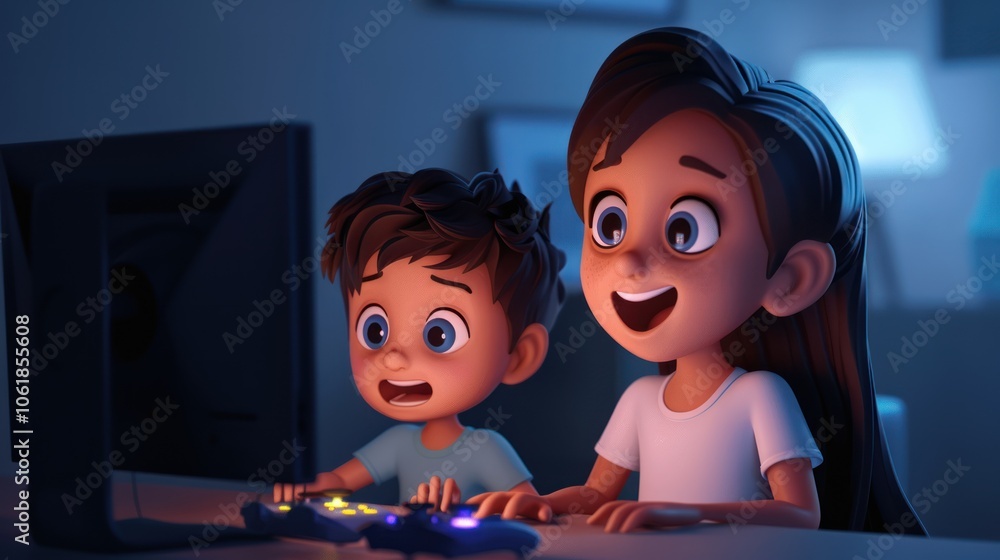 A young boy and girl excitedly play video games together in a cozy, dimly-lit room, showcasing moments of joy and connection through gaming.