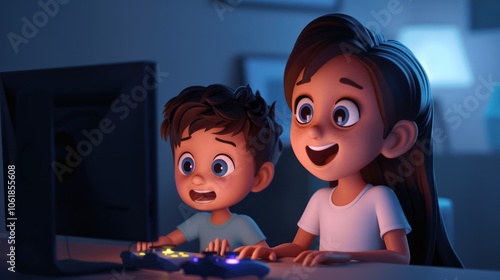 Obraz na płótnie A young boy and girl excitedly play video games together in a cozy, dimly-lit room, showcasing moments of joy and connection through gaming. w salonie
