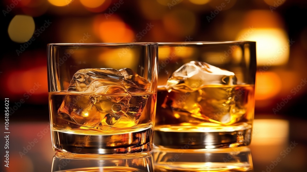 There are two glasses full of whiskey, served with ice, placed on a table There are two glasses full of whiskey, served with ice, placed on a table