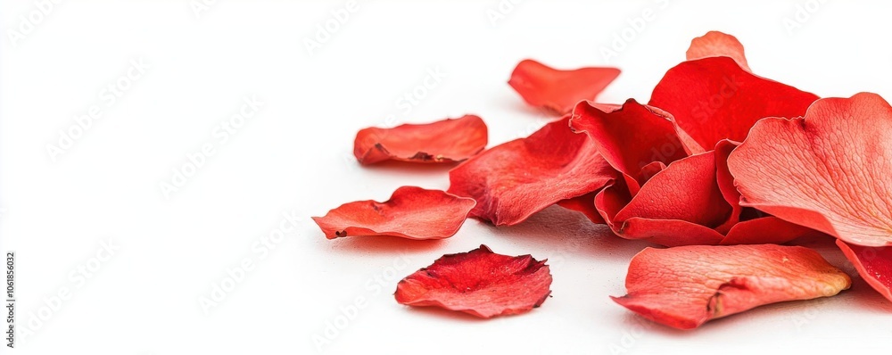 Red rose petals scattered on a white isolated background. Red rose petals scattered on a white isolated background.