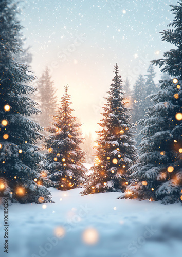 Serene winter landscape with snow-covered trees and soft bokeh lights, capturing the essence of a peaceful snowy day.