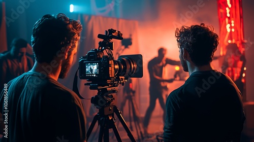 Two cameramen filming a scene on a movie set with red and blue lighting.