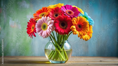 A vibrant bouquet of colorful gerbera daisies is arranged in a modern glass vase, beauty, gerbera #1061856693