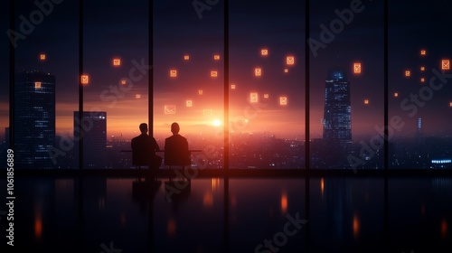 A serene silhouette of two people gazing at a colorful sunset over a cityscape, illuminated by floating lanterns against a night sky.