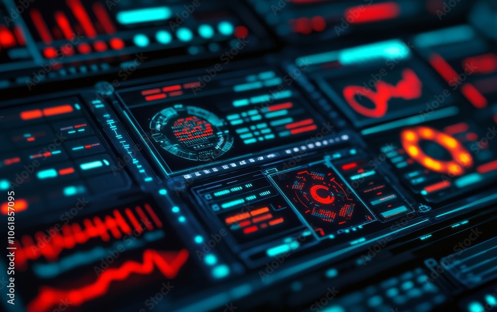 A digital interface featuring vibrant red and blue graphs and metrics, showcasing data analytics and futuristic technology elements. A digital interface featuring vibrant red and blue graphs and metrics, showcasing data analytics and futuristic technology elements.
