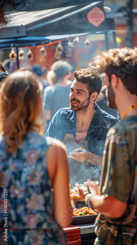 People enjoying food at a street market during the day