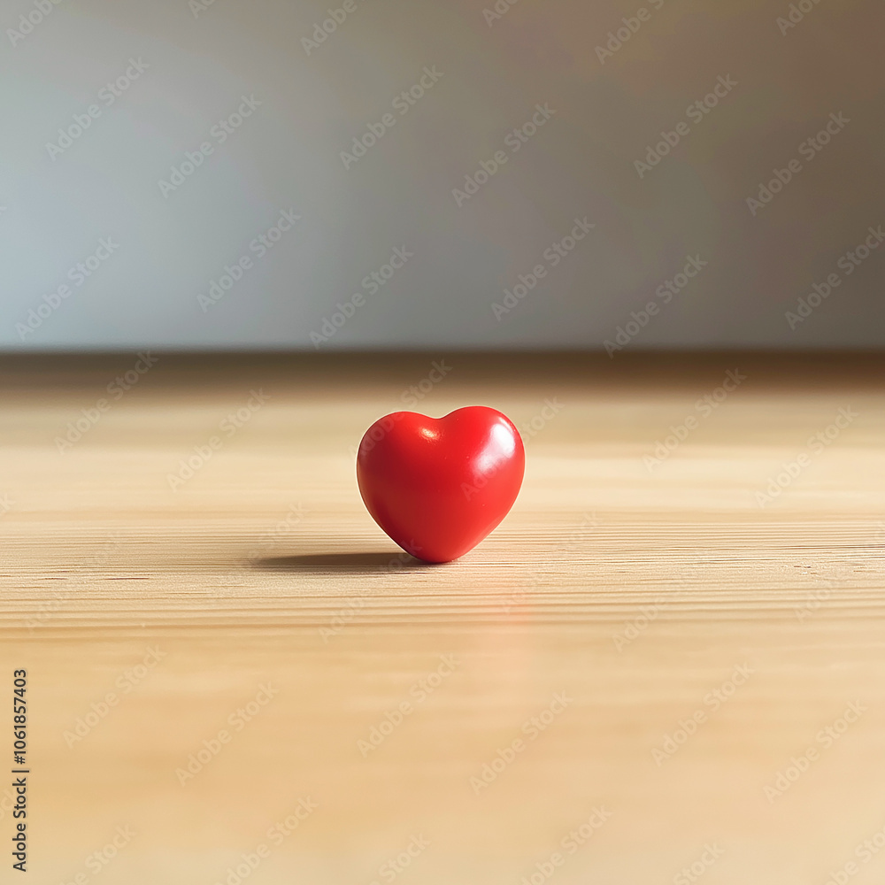A small red heart-shaped object sitting on a light wooden table, symbolizing love and affection. The background is neutral, adding copy space. A small red heart-shaped object sitting on a light wooden table, symbolizing love and affection. The background is neutral, adding copy space.