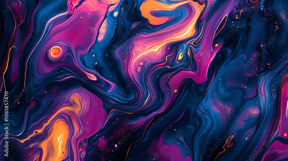Obraz premium Vivid abstract pattern with swirling colors of purple, blue, and orange, creating a dynamic and energetic visual.