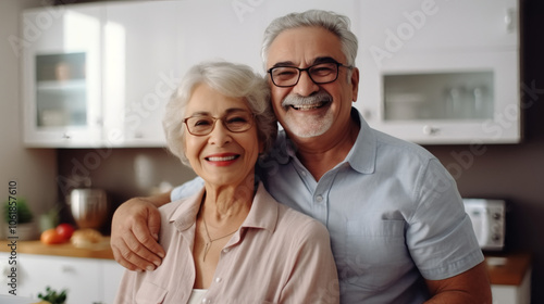 Elderly couple smiling and posing for a photo in their home.