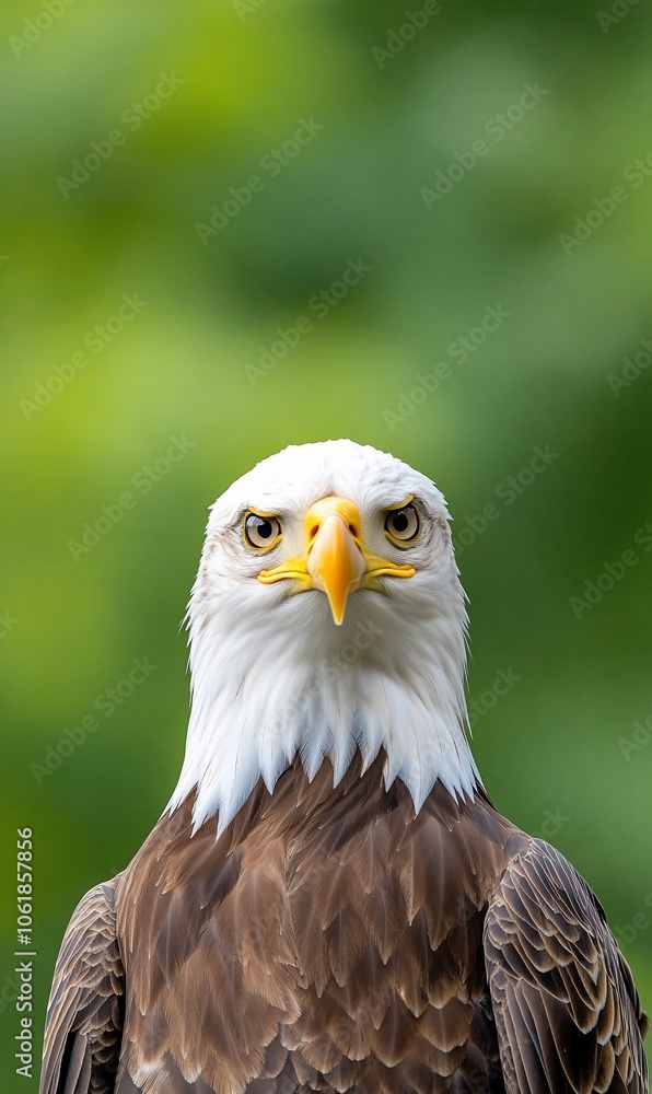 Close-up portrait of a bald eagle with a focused gaze. Close-up portrait of a bald eagle with a focused gaze.