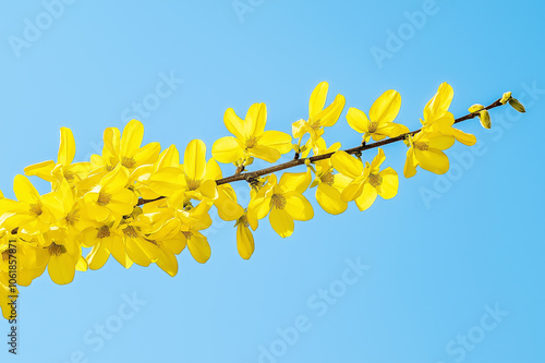 Close-up of bright yellow flowering tree branch against a clear blue sky, signifying spring and nature's renewal. photo