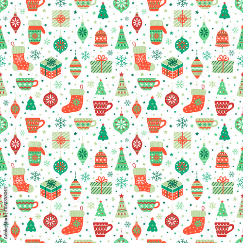 Christmas gifts seamless pattern. Red green backdrop with ornate xmas mugs, gift boxes, mittens, Santa's socks, fir trees, toys and snowflakes. EPS 10 vector background.