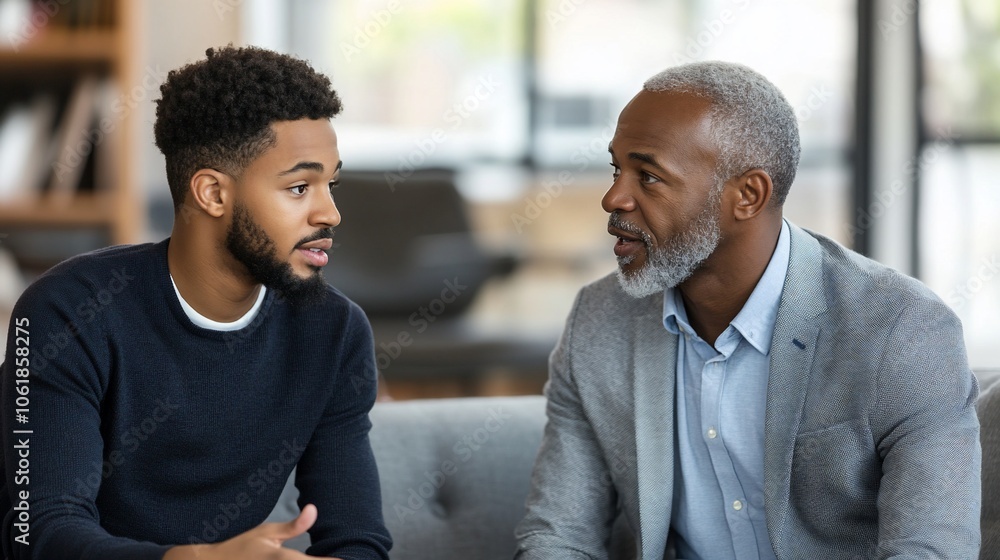A young man talks with an older man in a living room. They are sitting on a grey sofa and are looking at each other. A young man talks with an older man in a living room. They are sitting on a grey sofa and are looking at each other.