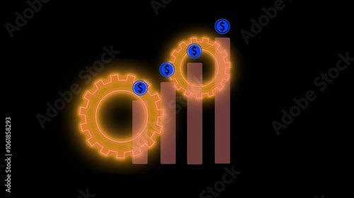 Money, profit, cashflow, investment, economy, finance and success concept. Businessman showing glowing neon line of dollar sign graph and chart with gears photo