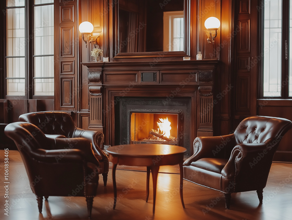 Elegant wooden library room with a roaring fireplace, warm lighting, and classic armchairs, evoking comfort, knowledge, and traditional charm. Elegant wooden library room with a roaring fireplace, warm lighting, and classic armchairs, evoking comfort, knowledge, and traditional charm.