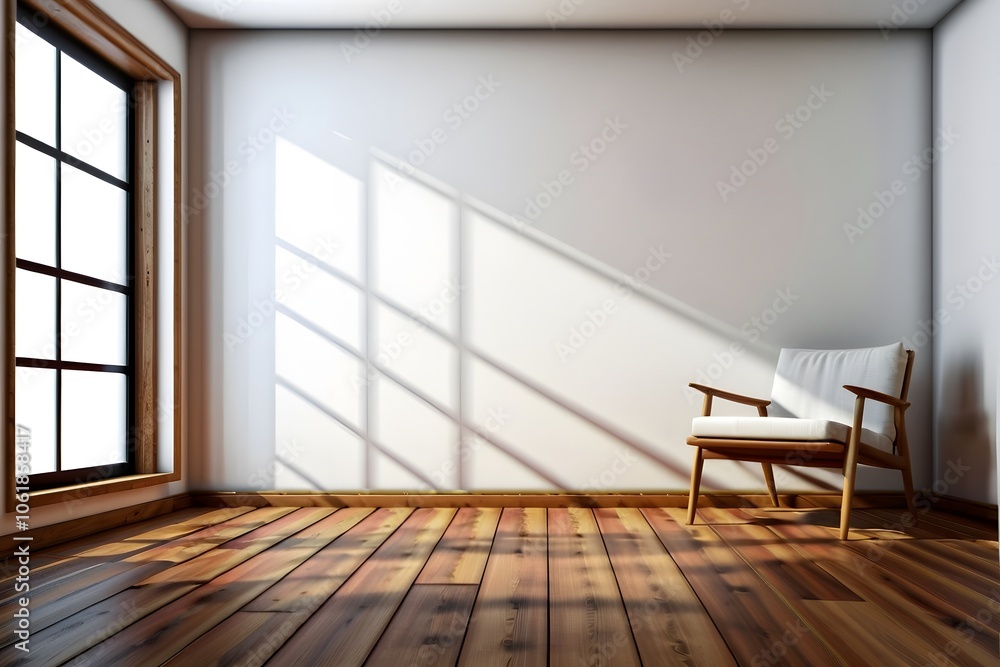Fototapeta premium A chair in the empty room with natural light from the windows. Copy space wall.