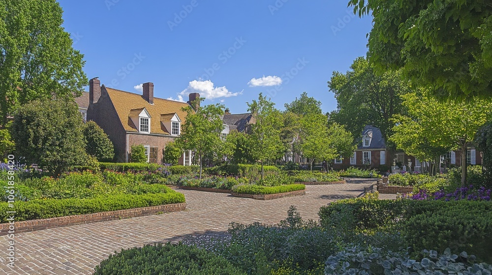 A vibrant spring day in a historic town center filled with lush greenery and charming architecture under a clear blue sky A vibrant spring day in a historic town center filled with lush greenery and charming architecture under a clear blue sky