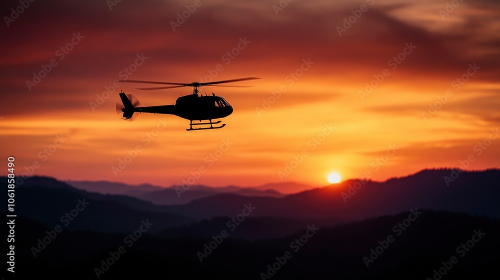 Helicopter Silhouette at Sunset Over Mountains Helicopter Silhouette at Sunset Over Mountains