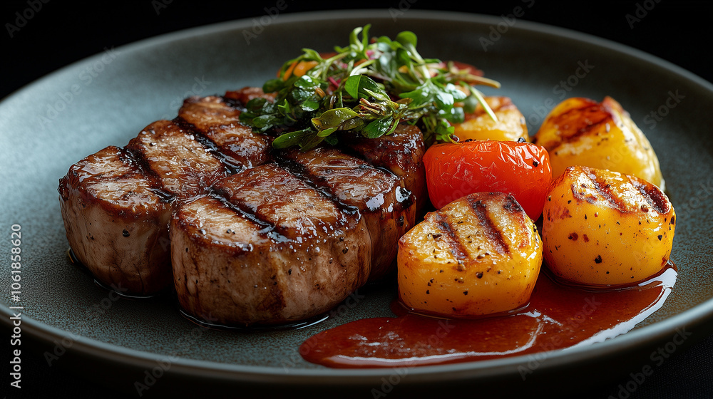 A beautifully plated gourmet meal, featuring vibrant and fresh ingredients artfully arranged with delicate garnishes A beautifully plated gourmet meal, featuring vibrant and fresh ingredients artfully arranged with delicate garnishes