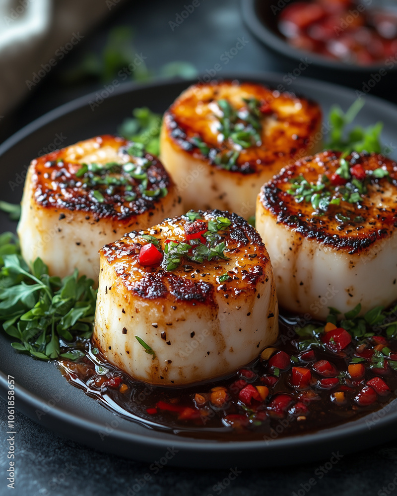 A beautifully plated gourmet meal, featuring vibrant and fresh ingredients artfully arranged with delicate garnishes A beautifully plated gourmet meal, featuring vibrant and fresh ingredients artfully arranged with delicate garnishes